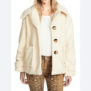 Free People Ivory Teddy Bear Coat Faux Fur Jacket Small Runaway 3 Button